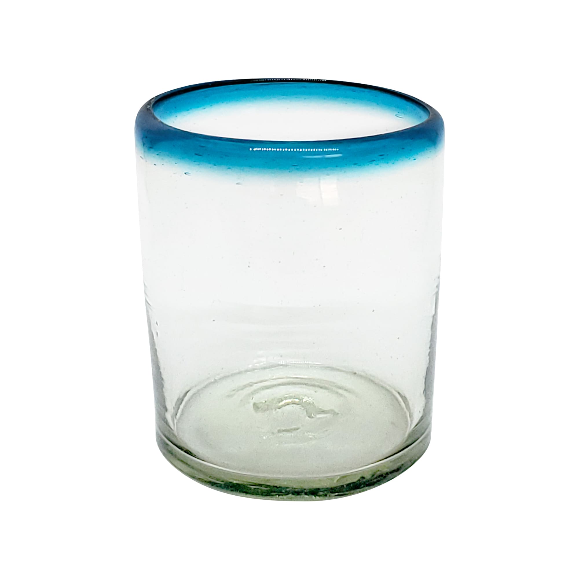 VIDRIO SOPLADO / Juego de 6 vasos chicos con borde azul aqua, 10 oz, Vidrio Reciclado, Libre de Plomo y Toxinas